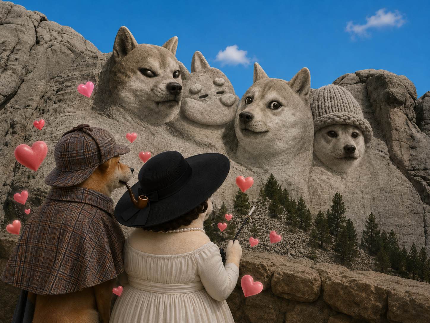 A Mount Rushmore of dogs with pipedog and Lady Doge watching among hearts